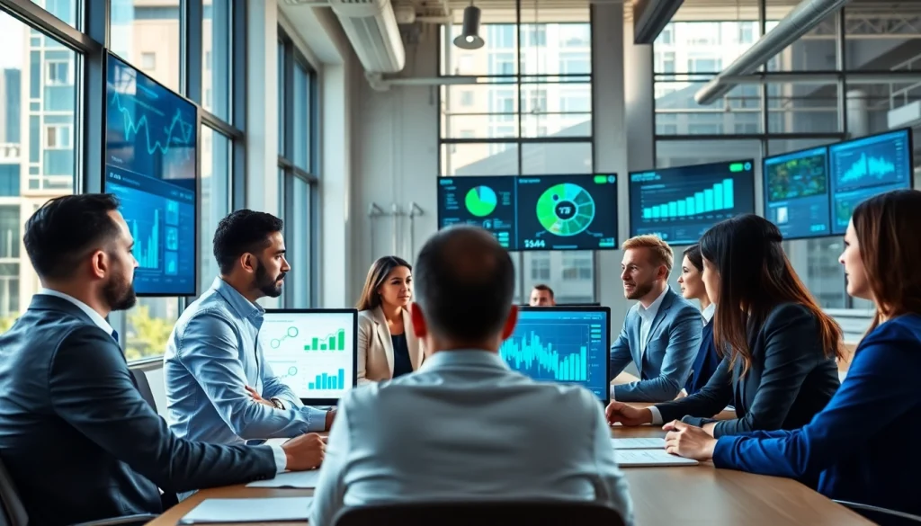 Engagement among professionals exploring competitive intelligence in a modern office setting.