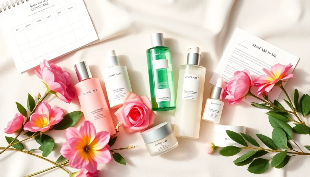 Visning av de bästa hudvårdsprodukterna i en elegant flatlay, med färgglada förpackningar.