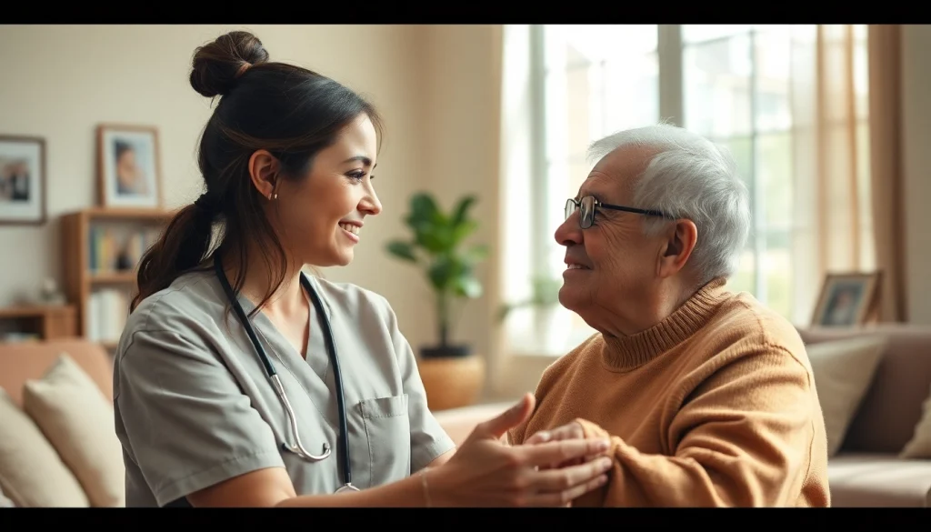 Engaging scene of austin senior home care with caregiver interacting with elderly client in a cozy home.