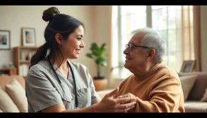 Engaging scene of austin senior home care with caregiver interacting with elderly client in a cozy home.