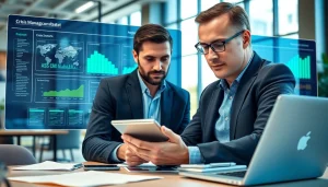 Crisis management consultant analyzing data in a modern office setting.