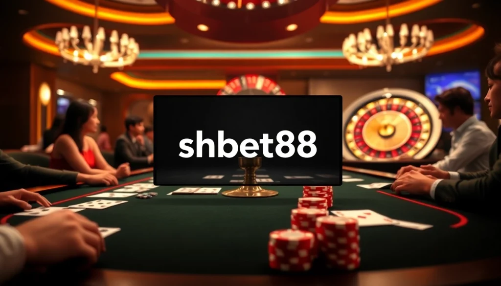 shbet88 players enjoying a thrilling casino experience with poker chips and cards on the table.