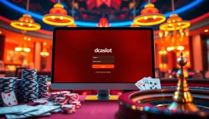Engaging scene of doaslot login interface surrounded by casino elements like poker chips and cards.