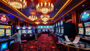 Engaged players enjoying various slot machines in a luxurious casino setting, highlighting excitement and anticipation.