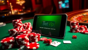 Trải nghiệm sự sôi động của cờ bạc trên di động với ứng dụng Bet VIP trong một cảnh casino đầy cuốn hút.