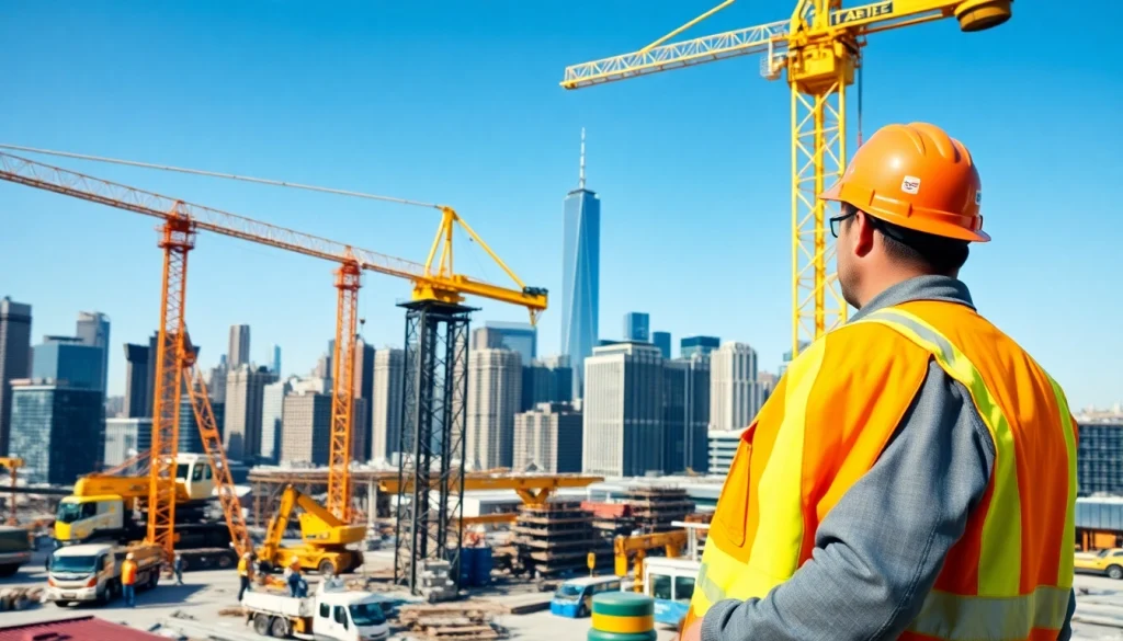 New York City Construction Manager managing a vibrant construction site in front of Manhattan skyline.