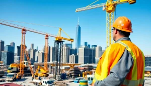 New York City Construction Manager managing a vibrant construction site in front of Manhattan skyline.