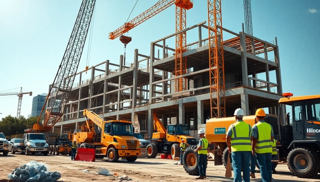 Austin construction workers expertly managing a bustling site with cranes and building materials.