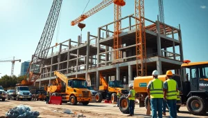Austin construction workers expertly managing a bustling site with cranes and building materials.
