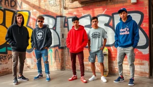 Dynamic urban scene featuring casual streetwear for men with graffiti backdrop.