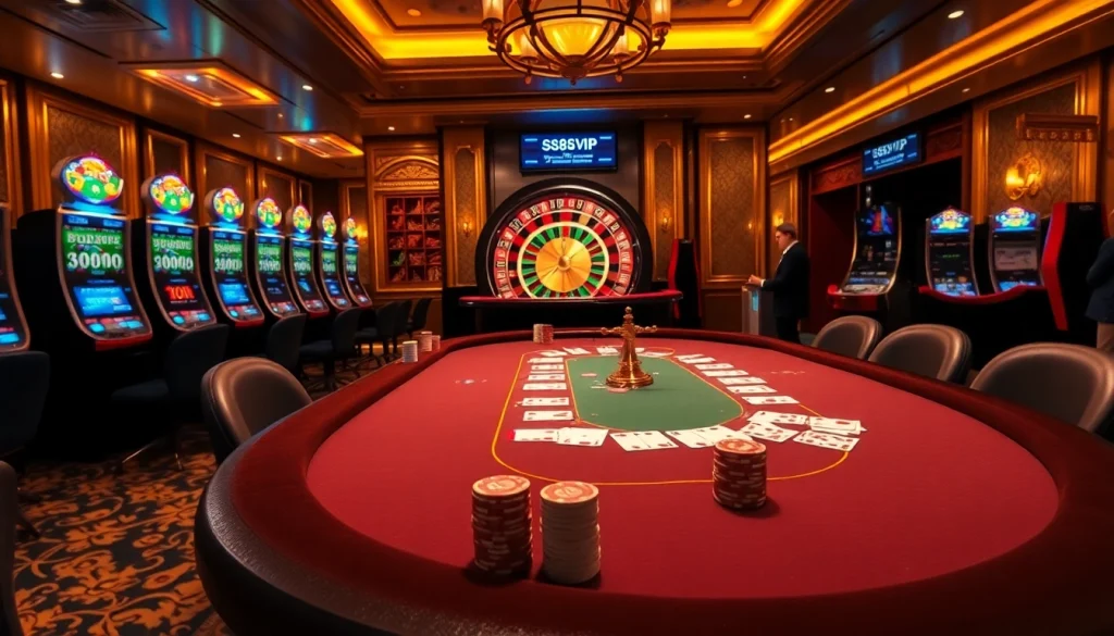 S88VIP casino experience showcasing poker tables, vibrant roulette wheels, and high-stakes slot machines.