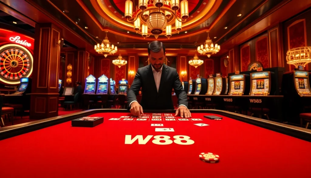 Experience thrilling gameplay at W88's luxurious casino with vibrant tables and slot machines.