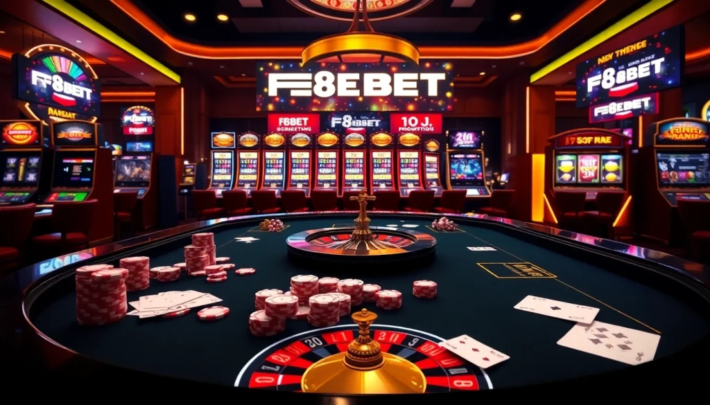 Exciting gambling scene featuring F8BET casino tables and slot machines.