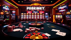 Exciting gambling scene featuring F8BET casino tables and slot machines.