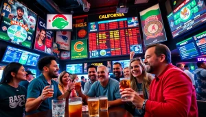 Engaged fans participate in California sports betting at a lively sports bar with vibrant decorations.