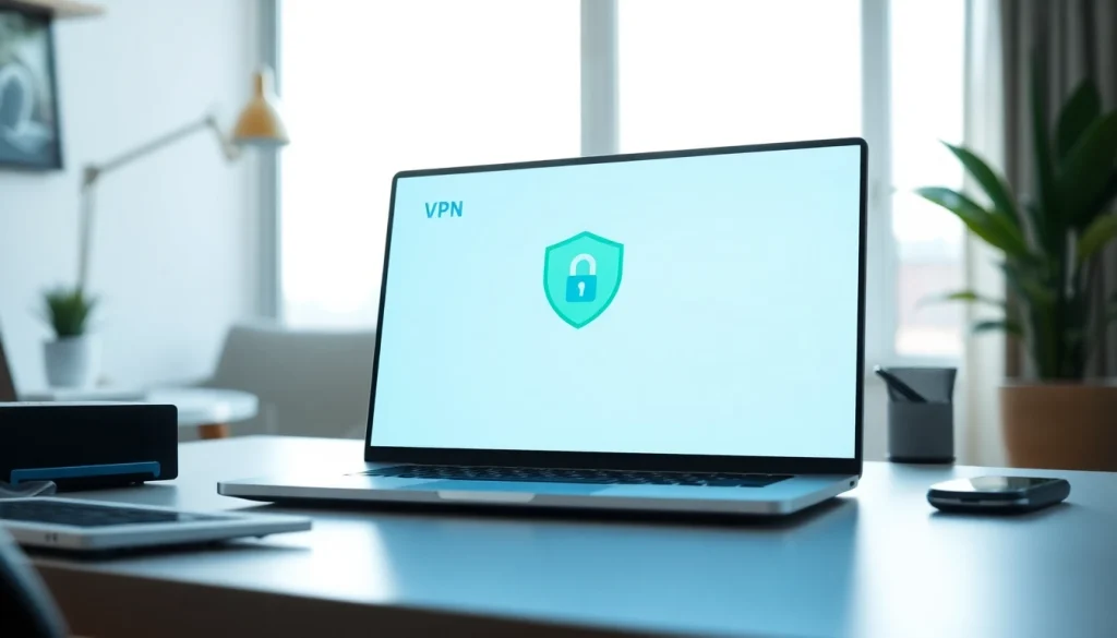 Secure vpn interface displayed on a modern laptop in a bright office.