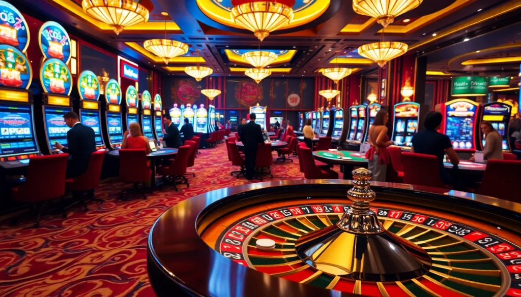 Experience thrilling gaming action at https://thabet.vegas/ with busy tables, vibrant slot machines, and passionate players.