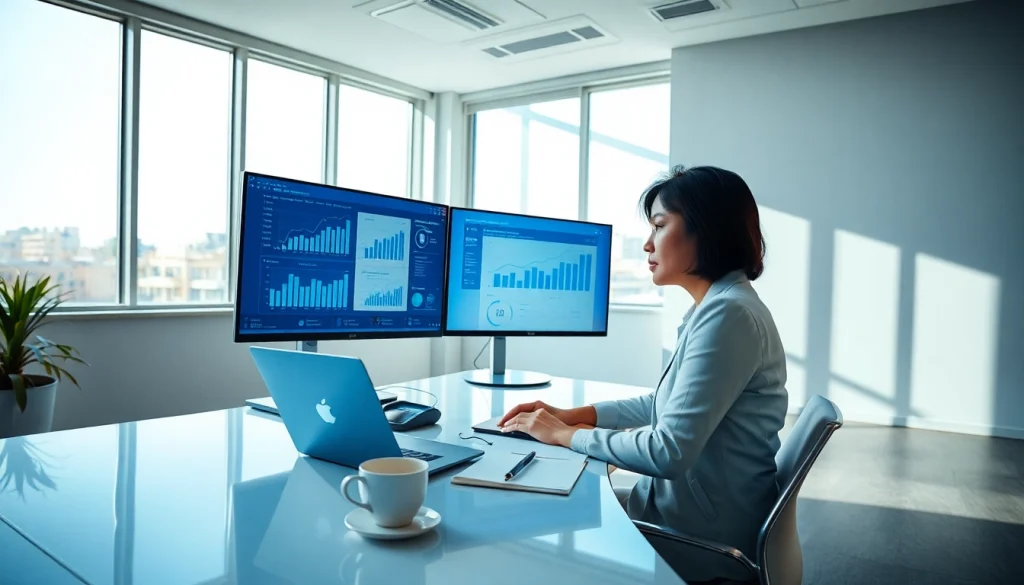 Email verification data analysis in a modern office with an Asian female analyst focused on screens.