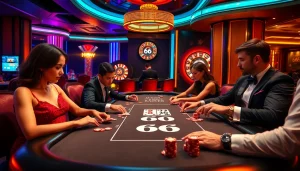 Exciting poker action at a luxurious casino with New 66 branding, showcasing vibrant colors and elite players.
