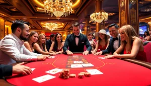 Experience the excitement of EV88 casino with players engaged at a luxurious blackjack table.