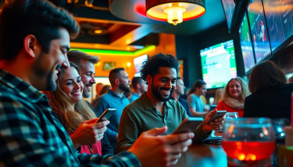 Enthusiastic group engaged in South Carolina sports betting at a vibrant sports bar.