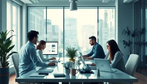 Công ty thiết kế website team collaborating in a modern office