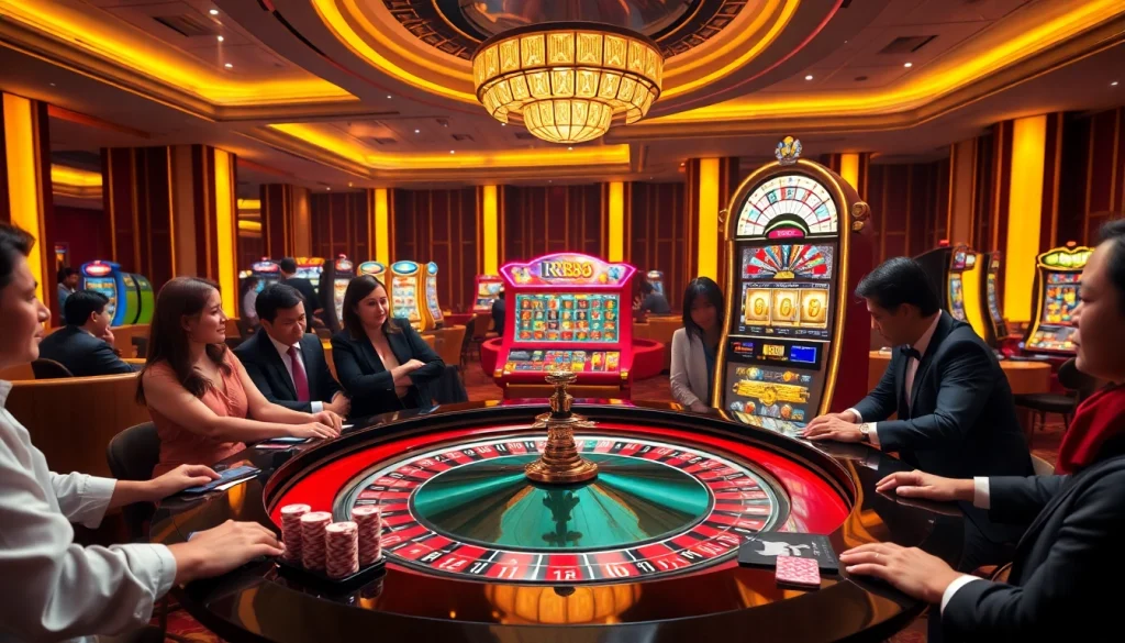 RR88 players enjoy a vibrant casino scene with roulette and poker chips.