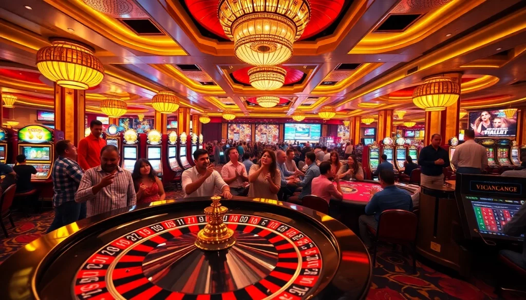 A dynamic casino experience highlighting the excitement of Tha bet with players engaged at roulette tables and vibrant slot machines.