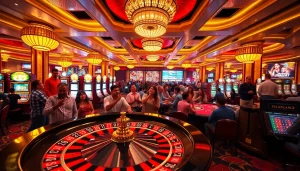 A dynamic casino experience highlighting the excitement of Tha bet with players engaged at roulette tables and vibrant slot machines.