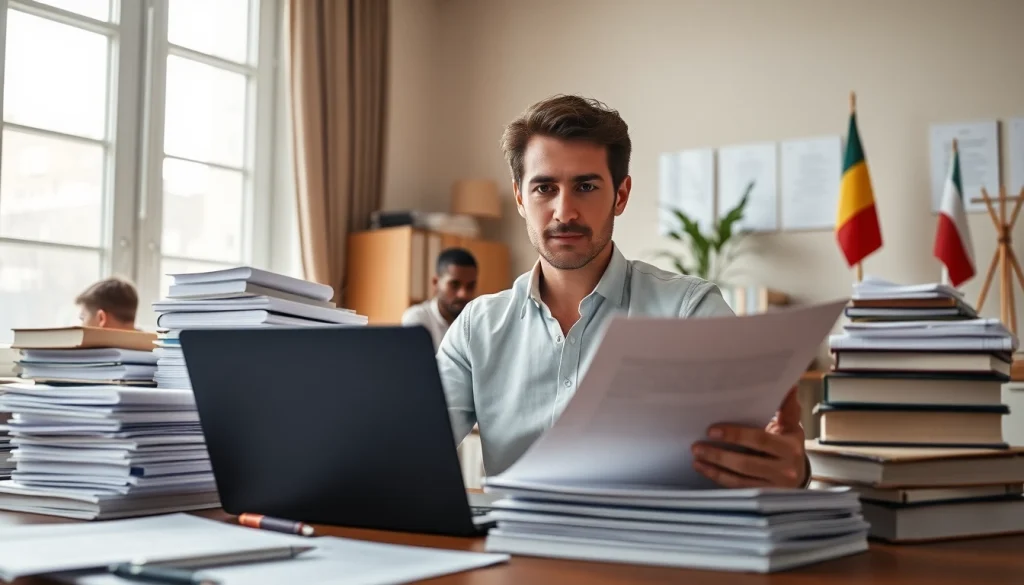 Traduttore giurato working diligently on legal documents in a professional office setting.