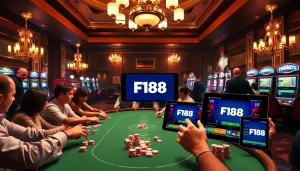 Players enjoying a high-stakes game with the แบรนด์ F168 logo present, showcasing excitement and professionalism.