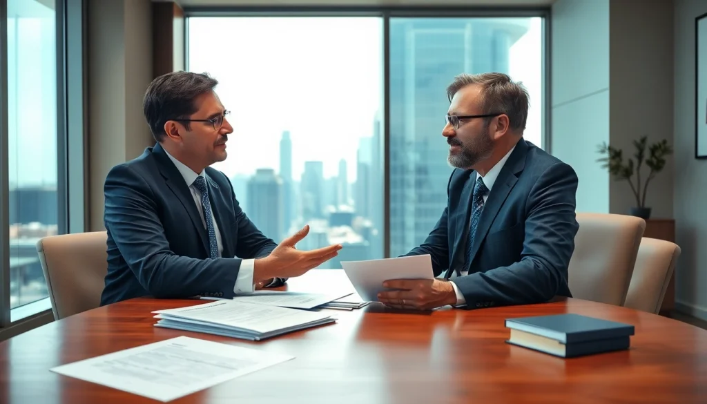 Eminent domain lawyer discussing property rights with a client in a bright office setting.