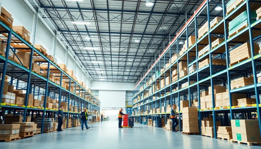 Efficient warehouse operations with organized inventory management and logistics teamwork.