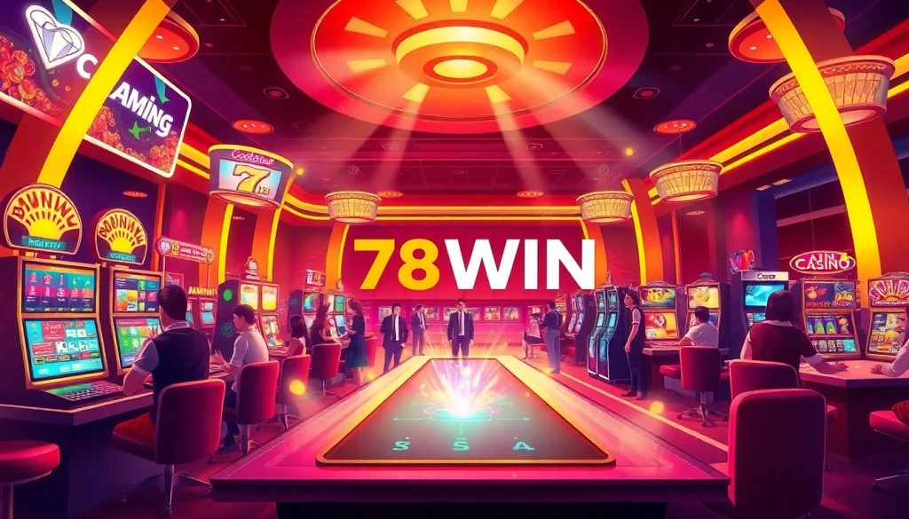 Exciting gaming scene showcasing the 78WIN brand with players engaged in slots and live casino games.