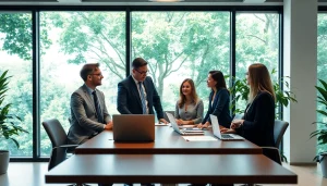 Environmental law firm professionals collaborating in a bright, eco-friendly office.