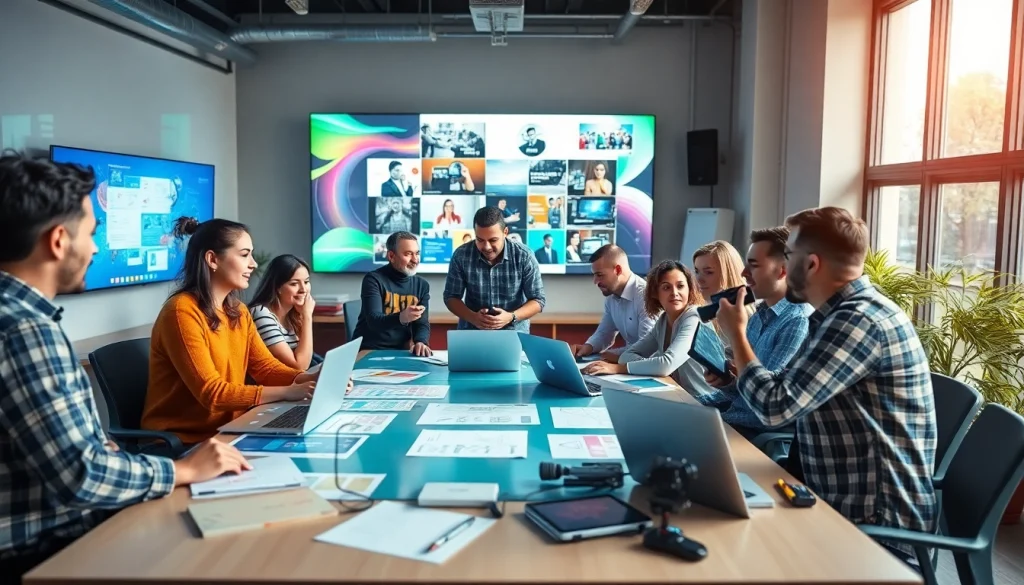 Team brainstorming at a Creative Video Production Agency, collaborating on innovative video projects.