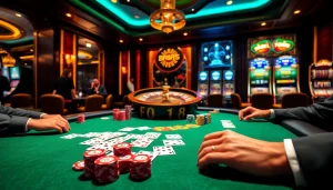 High-stakes poker table showcasing the แบรนด์ F168 atmosphere with vibrant poker chips and cards.