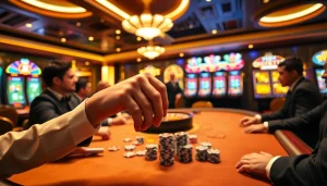 Experience the excitement of F8BET with players betting at a luxurious poker table surrounded by vibrant casino elements.