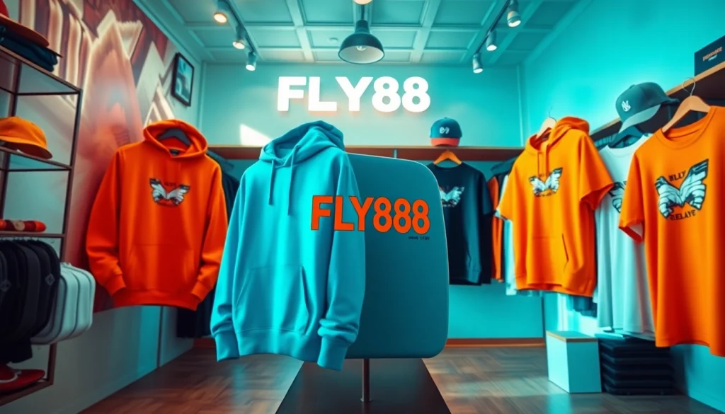 FLY88 aviation-inspired apparel on display in a trendy boutique with bright colors.