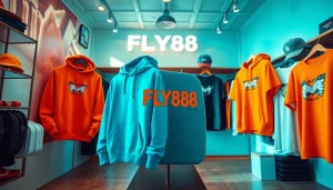 FLY88 aviation-inspired apparel on display in a trendy boutique with bright colors.