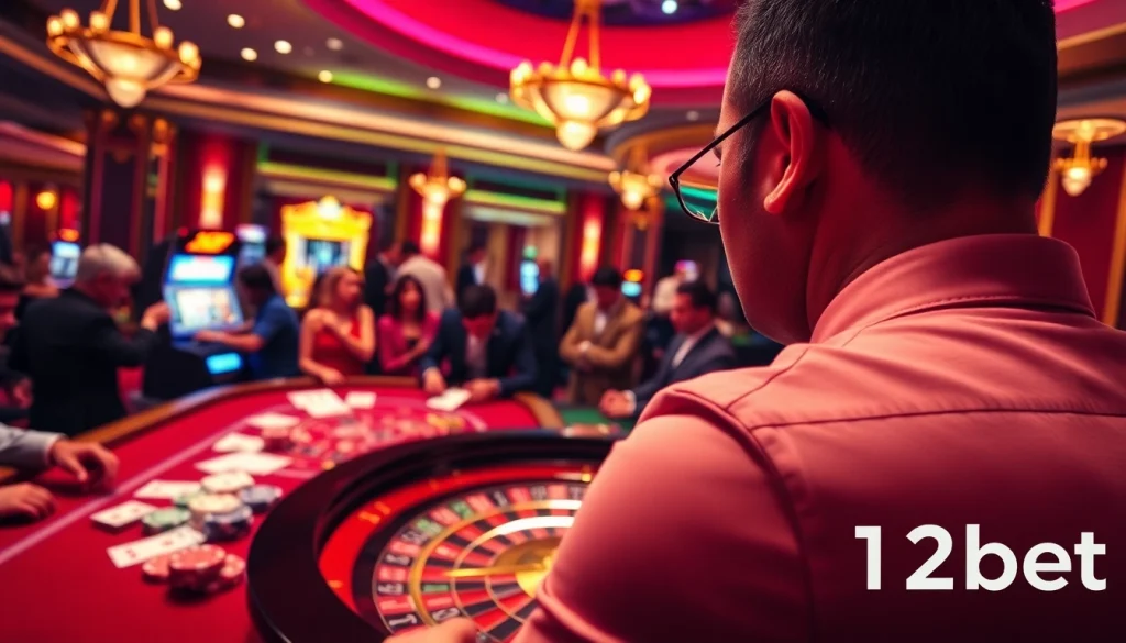 Experience the excitement of gambling at 12bet's vibrant casino with players at a roulette table.