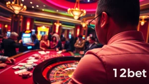 Experience the excitement of gambling at 12bet's vibrant casino with players at a roulette table.