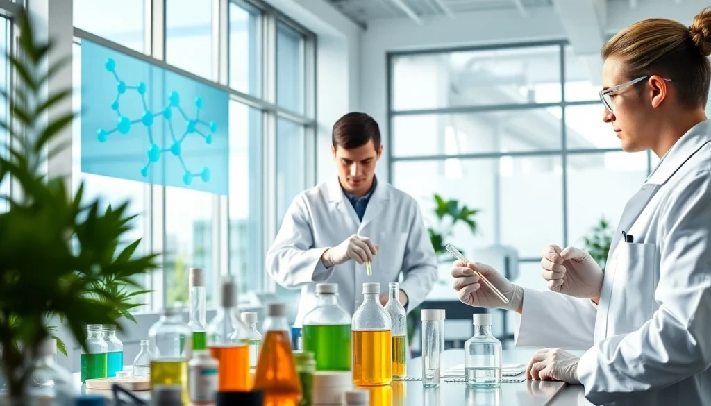 Researchers in a modern lab studying WIN55 cannabinoid compounds for health advancements.