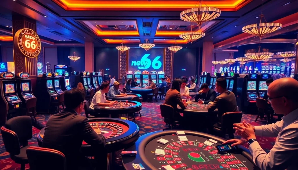 Players enjoying the excitement of "new 66" in a modern casino setting filled with tables and machines.
