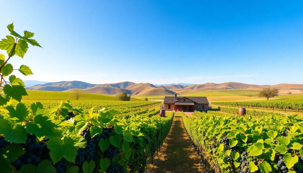 Visit Clarksburg wineries with scenic grapevines and charming winery buildings under a sunny sky.