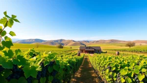 Visit Clarksburg wineries with scenic grapevines and charming winery buildings under a sunny sky.