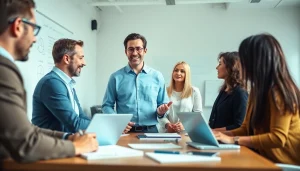 Engaging scene of a business coach los Angeles collaborating with clients in a modern office.