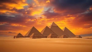 Piraminds at sunset over the Great Pyramids of Giza showcasing their majestic structure.