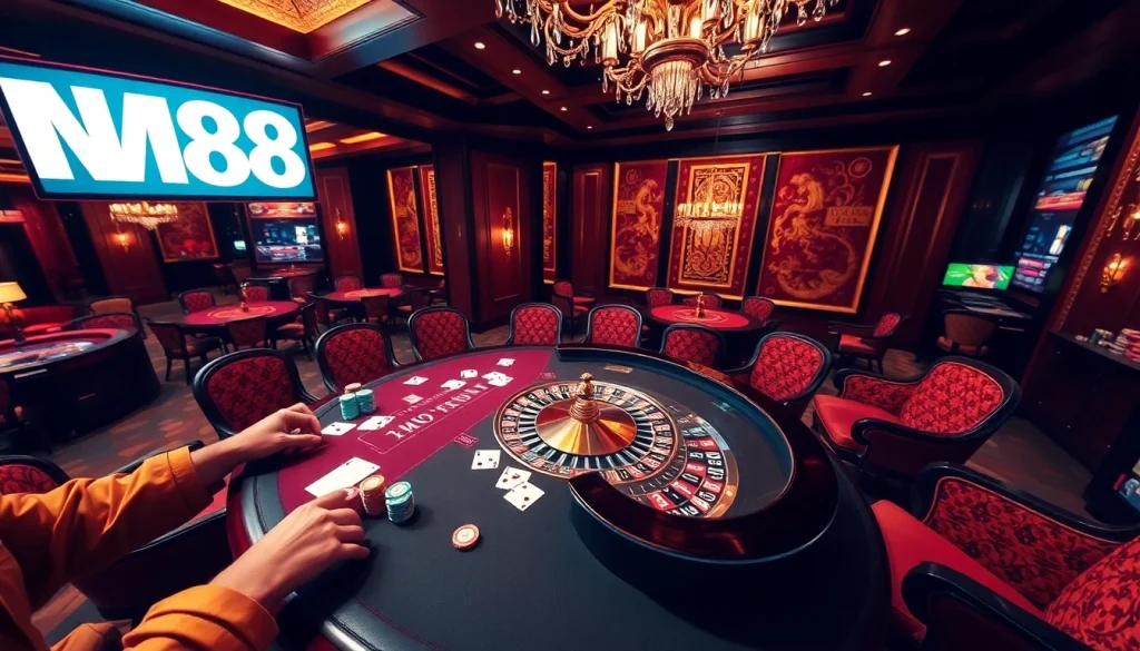 Experience MM88 casino with vibrant poker tables, chips, and roulette, embodying luxury and excitement.