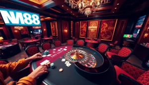 Experience MM88 casino with vibrant poker tables, chips, and roulette, embodying luxury and excitement.